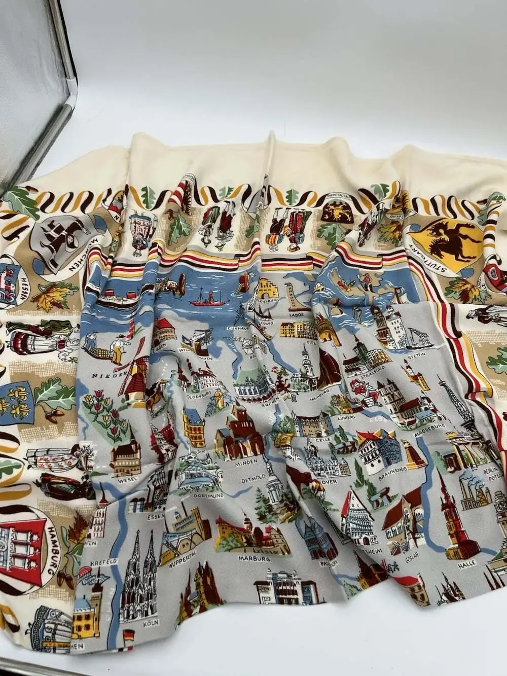 Vintage Germany Souvenir Tablecloth 45x54 Map Cities Crests Travel Textile